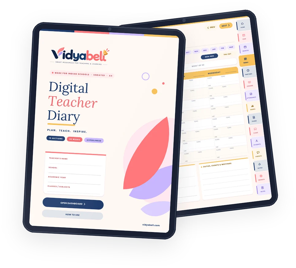 The Vidyabell Digital Teacher Diary cover and weekly lesson diary on tablets