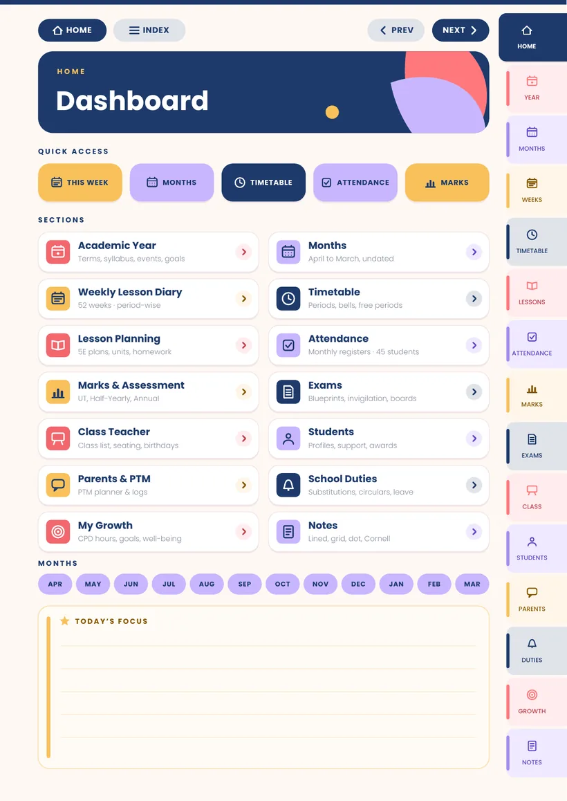 Dashboard page from the Vidyabell Digital Teacher Diary