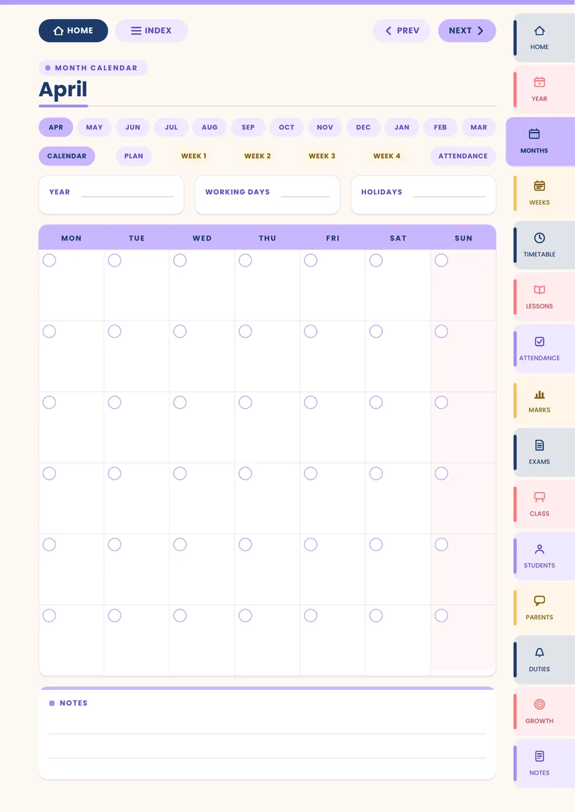 Month calendar page from the Vidyabell Digital Teacher Diary