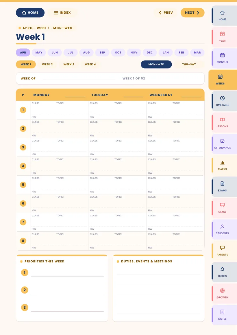 Weekly lesson diary page from the Vidyabell Digital Teacher Diary