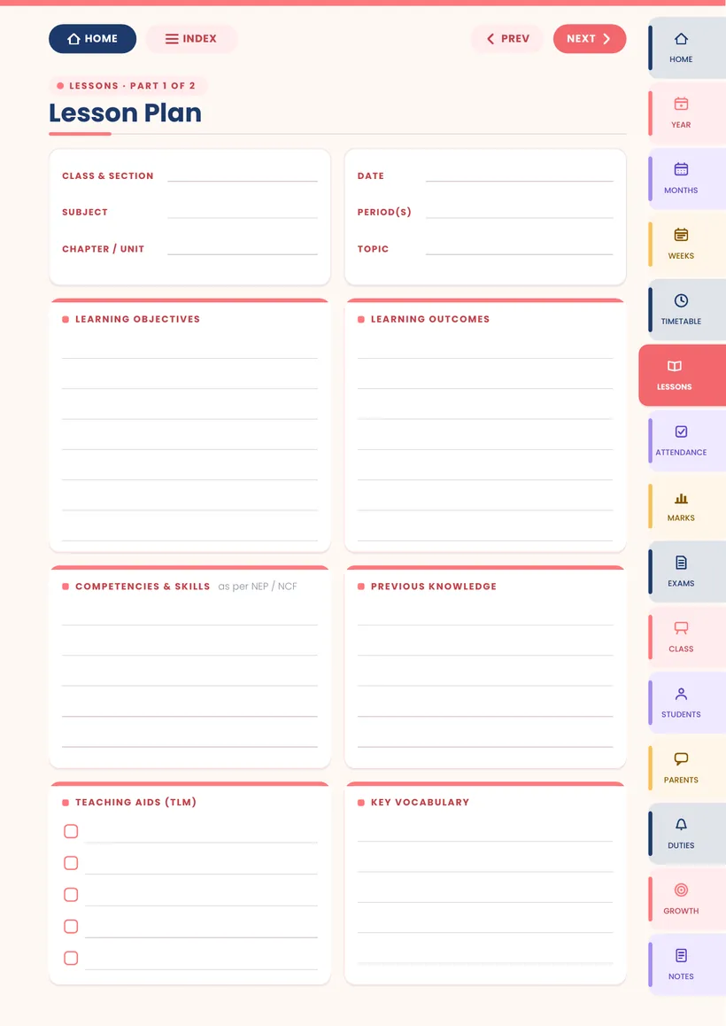 5E lesson plan page from the Vidyabell Digital Teacher Diary