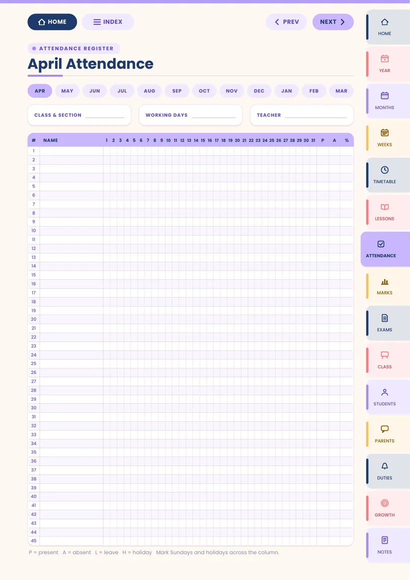 Attendance register page from the Vidyabell Digital Teacher Diary