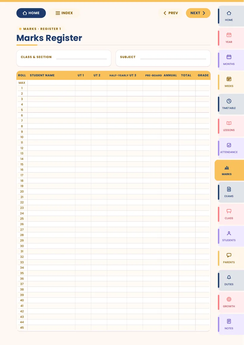 Marks register page from the Vidyabell Digital Teacher Diary