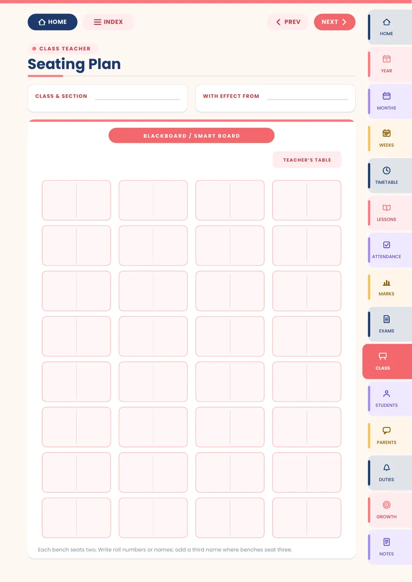 Seating plan page from the Vidyabell Digital Teacher Diary