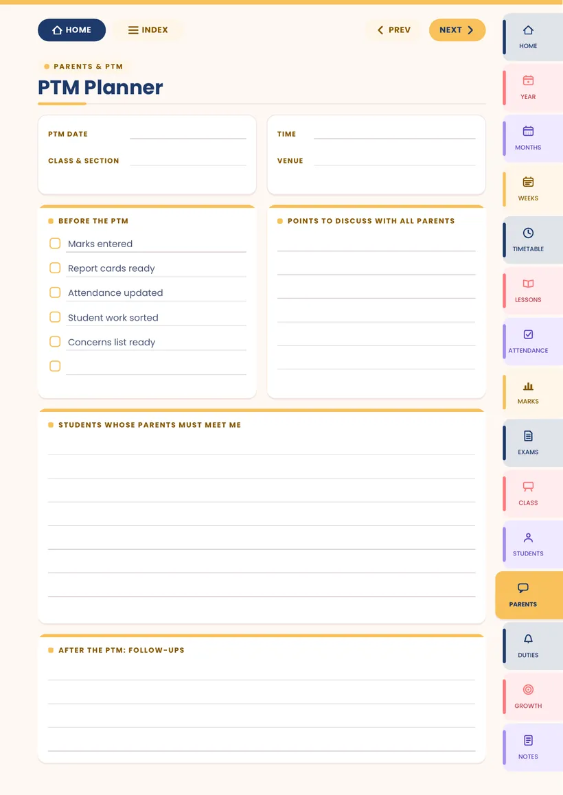PTM planner page from the Vidyabell Digital Teacher Diary