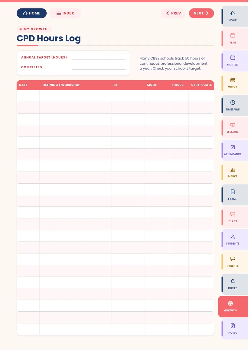 CPD hours log page from the Vidyabell Digital Teacher Diary
