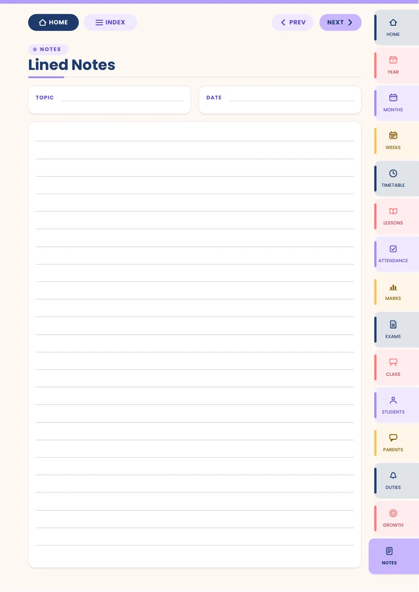 Lined notes page from the Vidyabell Digital Teacher Diary