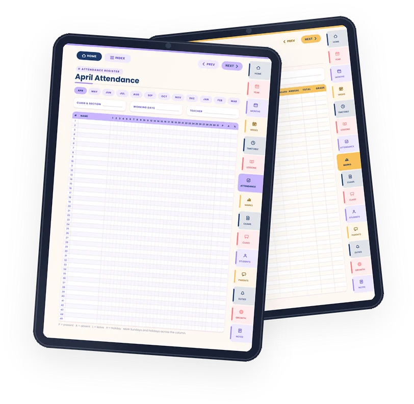 Attendance and marks register pages on tablets